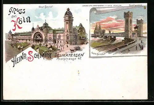 Lithographie Köln, Haupt-Bahnhof mit Strasse, Feste Brücke