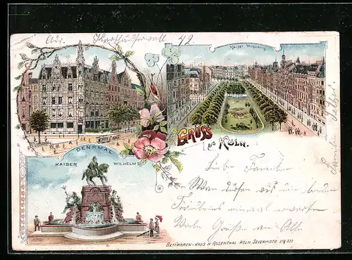 Lithographie Köln-Neustadt, Kaiser-Wilhelmring mit Anlagen aus der Vogelschau, Strassenpartie