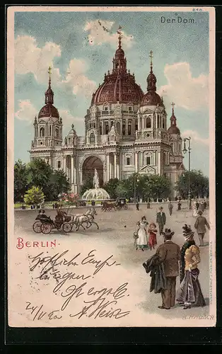 Lithographie Berlin, Der Dom mit Springbrunnen und Spaziergängern