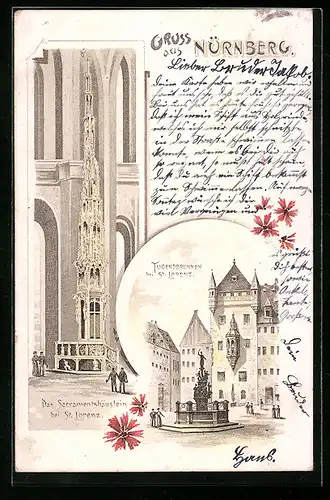 Lithographie Nürnberg, Das Sacramentshäuslein und der Tugendbrunnen b. St. Lorenz