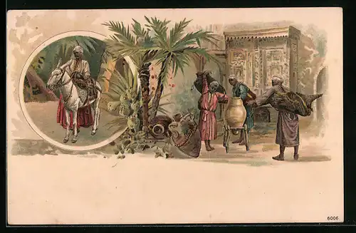 Lithographie Arabischer Reiter und Männer mit Wasserschläuchen