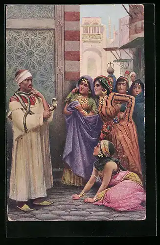 AK Schlangenzähmer und buntgekleidete Frauen
