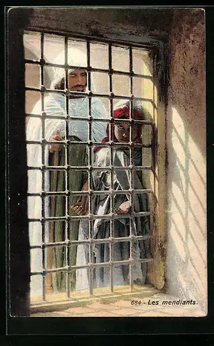 AK Zwei Bettler hinter Gittern, türkisch-orientalische Typen