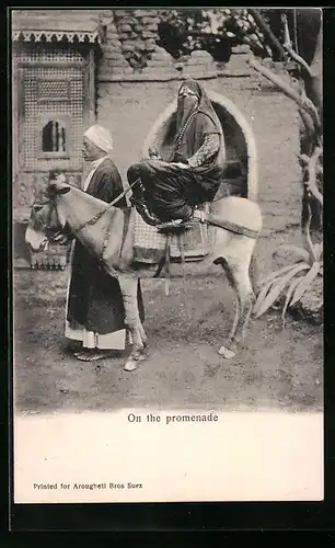 AK On the promenade, Verschleierte Araberin auf Esel