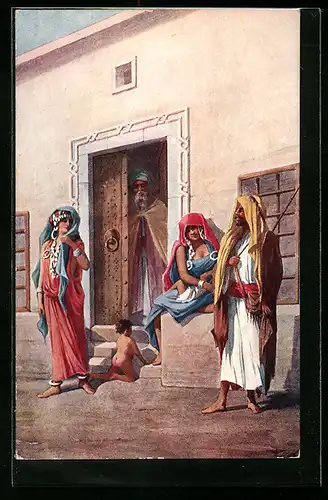 Künstler-AK Arabische Familie vor ihrer Haustür