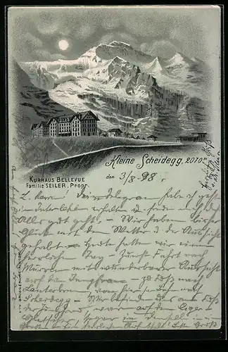 Mondschein-Lithographie Kleine Scheidegg, Kurhaus Bellevue Familie Seiler vor Bergpanorama