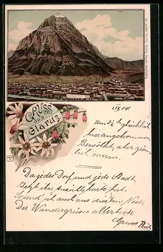 Lithographie Glarus, Ortsansicht mit Berg, Edelweiss