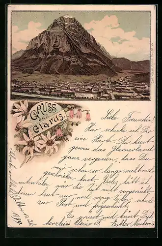 Lithographie Glarus, Gesamtansicht mit Berg, Alpenblumen