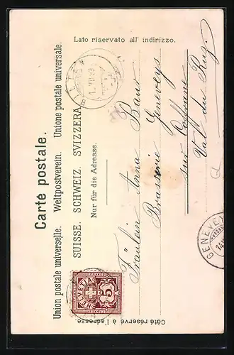 Lithographie Glarus, Gesamtansicht mit Berg, Alpenblumen