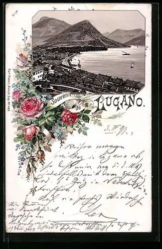 Lithographie Lugano, Ortsansicht mit See und Bergen aus der Vogelschau