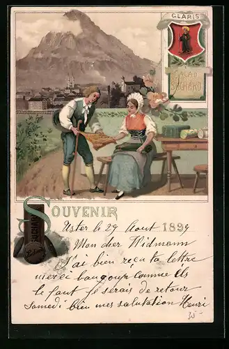 Lithographie Glarus, Ortsansicht hinter Tuchhändlerin mit Kunden, Cacao Suchard