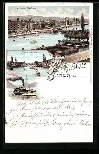Lithographie Zürich, Ortsansicht vom Stadthaus, Aussicht von der Quaibrücke