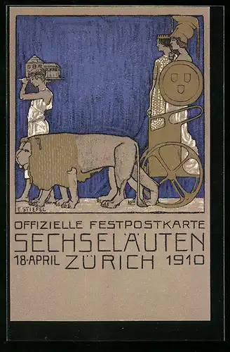Lithographie Zürich, Festpostkarte Sechseläuten 1910, Antike Figuren mit Wagen und Löwe