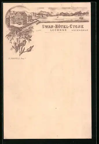 Lithographie Luzern, Teilansicht mit Wasser, Bergen und Swan-Hotel-Cygne