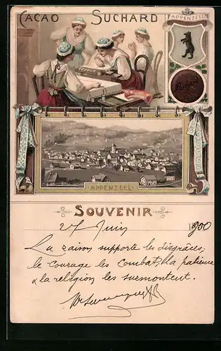 Lithographie Appenzell, Gesamtansicht, Weberinnen in Trachten, Wappen