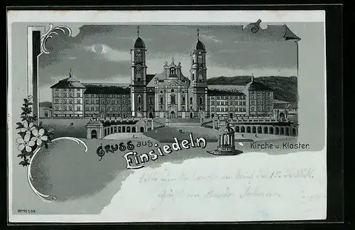 Mondschein-Lithographie Einsiedeln, Kirche und Kloster mit Umgebung