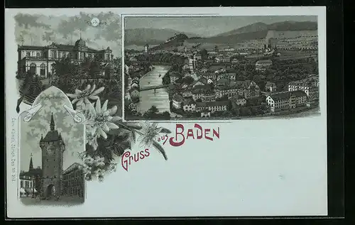 Mondschein-Lithographie Baden, Ortsansicht mit Flusss und Brücke, Kurhaus