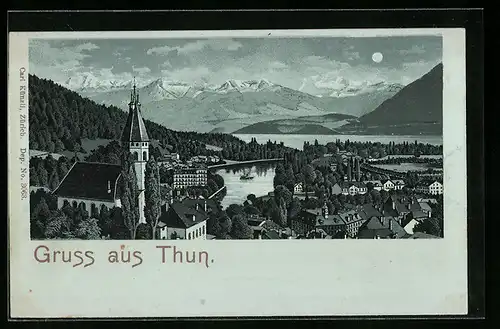 Mondschein-Lithographie Thun, Ortsansicht mit Kirche und Bergpanorama