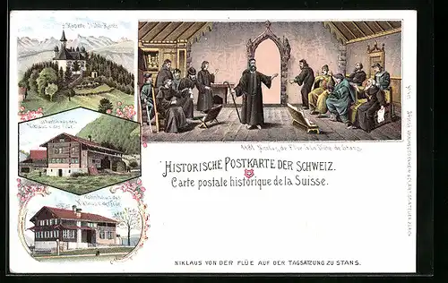Lithographie Flühli-Ranft, Niklaus de Flue - Historische Szene, Geburts- und Wohnhaus