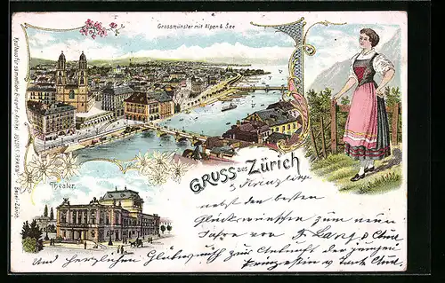 Lithographie Zürich, Ortsansicht mit Grossmünster, Alpen & See, Zürcherin
