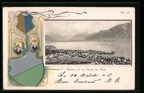 Passepartout-Lithographie Vevey, Vevey mit Dent du Midi, Wappen