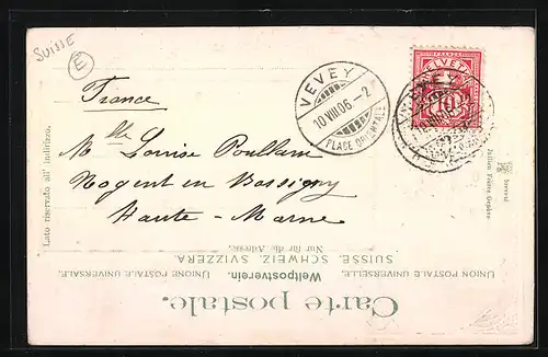 Passepartout-Lithographie Vevey, Vevey mit Dent du Midi, Wappen