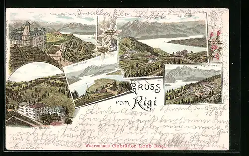 Lithographie Rigi-Kulm, Rigi-Kaltbad, Blick vom Rigi-Kulm, Rigi-Klösterli
