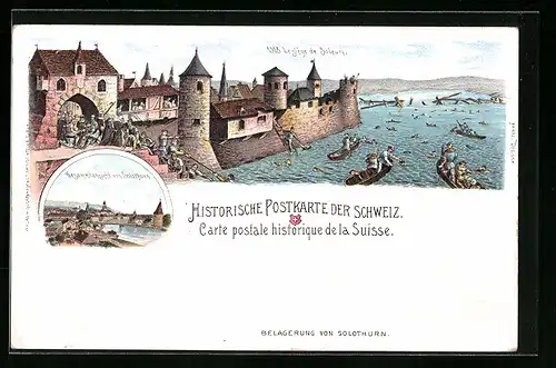 Lithographie Solothurn, Lesiège de Soleure 1318, Teilansicht der Stadt