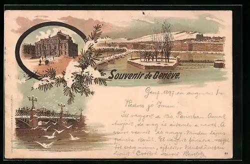 Lithographie Genf, Ortspartie mit Brücke im Winter, Theater im Winter