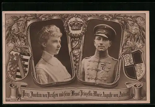 AK Prinz Joachim von Preussen und Braut, Portraits mit Wappen
