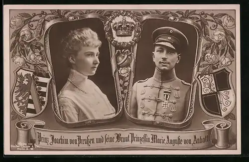 AK Portraits Prinz Joachim von Preussen und Braut, Wappen und Krone