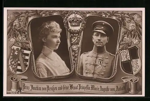 AK Portraits Prinz Joachim und Braut, Wappen und Krone