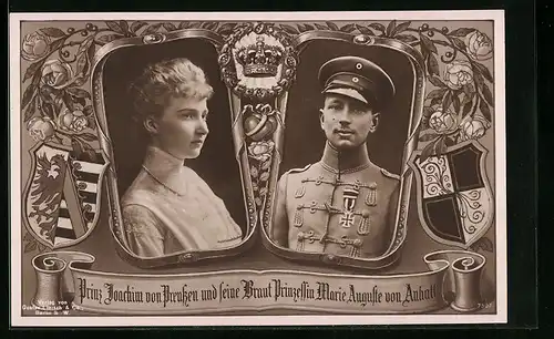 AK Portraits Prinz Joachim und Braut Marie Auguste, Wappen und Krone