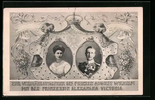 AK Vermählungskarte Prinz August Wilhelm von Preussen und Prinzessin Alexandra Victoria
