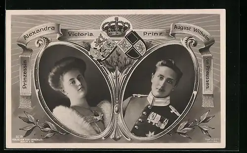 AK Prinz August Wilhelm von Preussen und Prinzessin Alexandra Victoria, Wappen und Krone