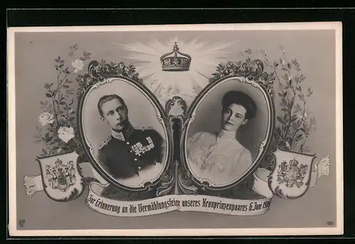 AK Vermählung des Kronprinzenpaares 1905, Portraits mit Wappen