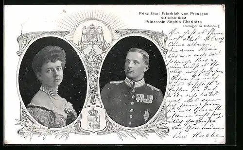 AK Prinz Eitel Friedrich von Preussen und Braut Sophie Charlotte, Portraits, Wappen