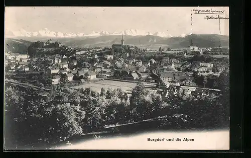 AK Burgdorf, Ortsansicht mit Alpen