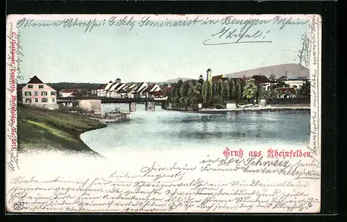 AK Rheinfelden, Flusspartie mit Gebäuden und Brücke