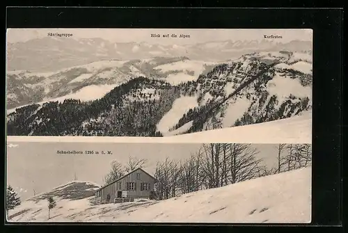 AK Schnebelhorn, Blick auf ein Haus, Säntisgruppe, Kurfirsten, Blick auf die Alpen
