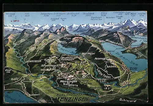 AK Menzingen, Karte des Umlands, Aegeri-See, Zuger-See, Zürich-See