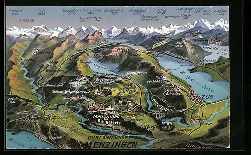 AK Menzingen, Karte des Umlands, Aegeri-See, Zuger-See, Zürich-See