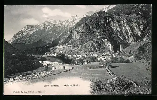 AK Amsteg an der Gotthardbahn, Panoramablick auf Stadt und Berge