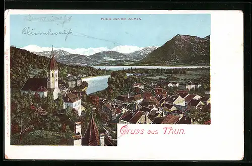 AK Thun, Teilansicht mit Kirche und den Alpen