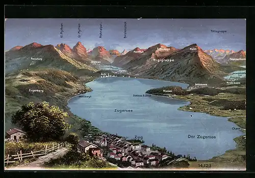AK Walchwil, Ortsansicht mit Kiemen, Schloss Buonat und Zugersee, Bergpanorama mit Kl. Mythen und Gr. Mythen