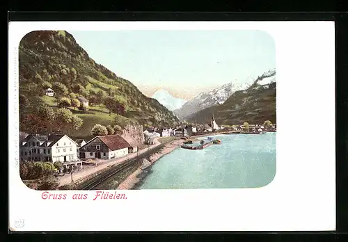 AK Flüelen, Uferpartie mit Bergen