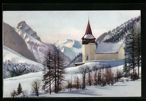 AK Davos-Frauenkirch, Kirche und Tinzenhorn im Schnee