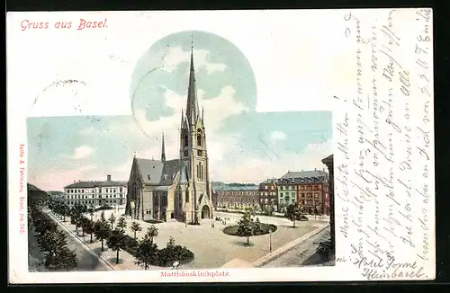 AK Basel, Matthäuskirchplatz mit Kirche