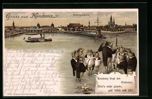 Lithographie Konstanz, Bodensee mit Dampfer, Frösche