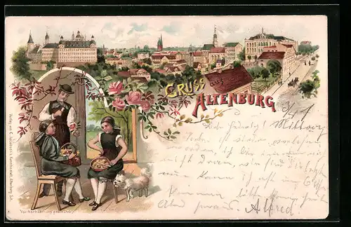 Lithographie Altenburg, Gesamtansicht, 3 Menschen mit Hund